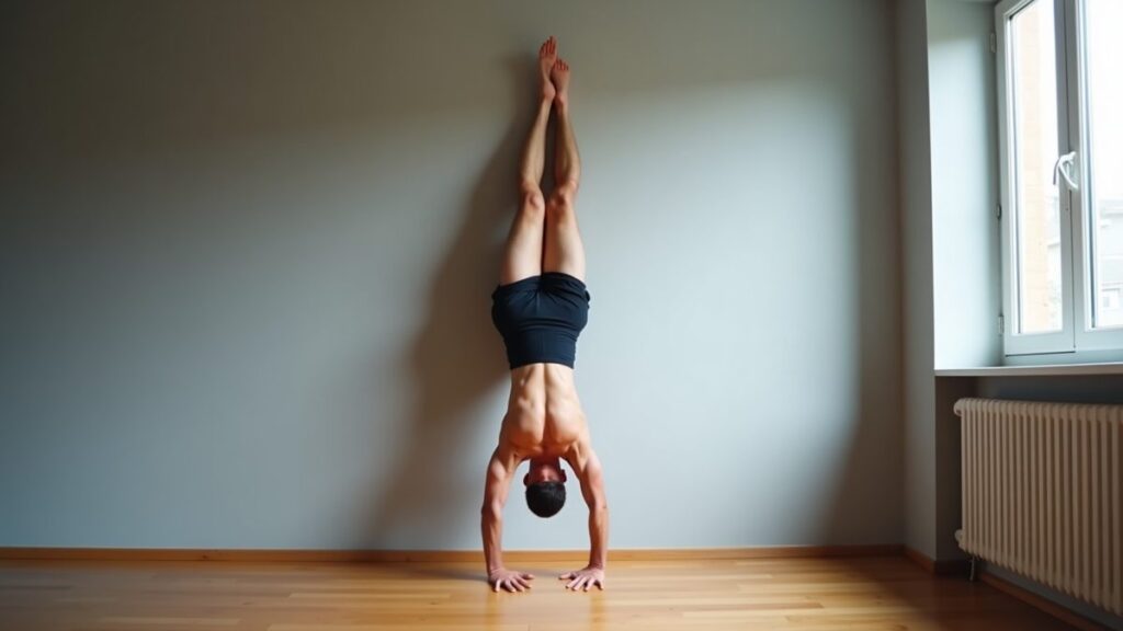 Lean athletic man holding a wall-supported handstand during daily calisthenics skill practice