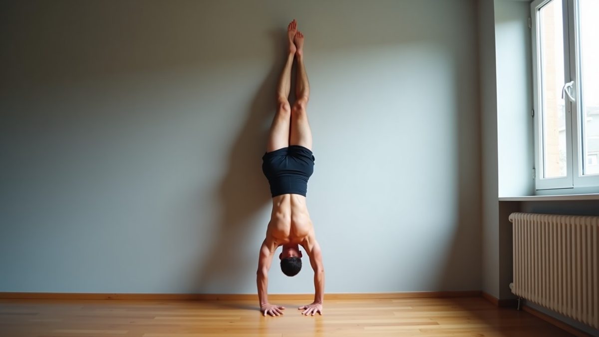 Lean athletic man holding a wall-supported handstand during daily calisthenics skill practice