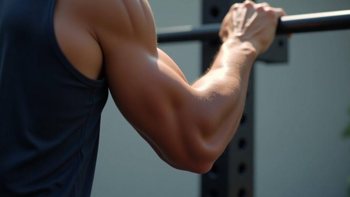 Close-up of an athlete's elbow joint and forearm gripping a pull-up bar showing tendon stress