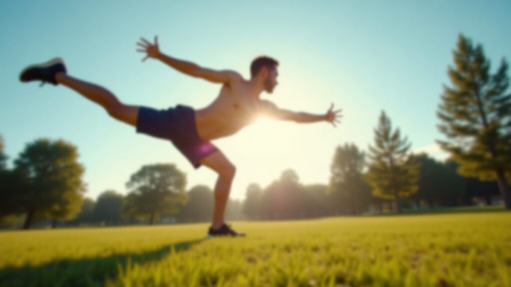 Lean athletic figure mid-burpee on a sunlit park lawn with motion blur and blue sky background
