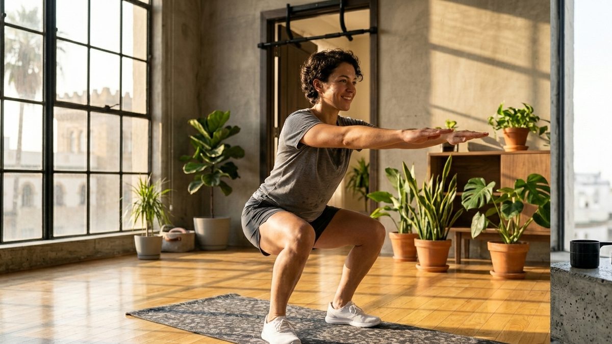 Beginner doing a bodyweight squat — calisthenics leg workout for beginners.