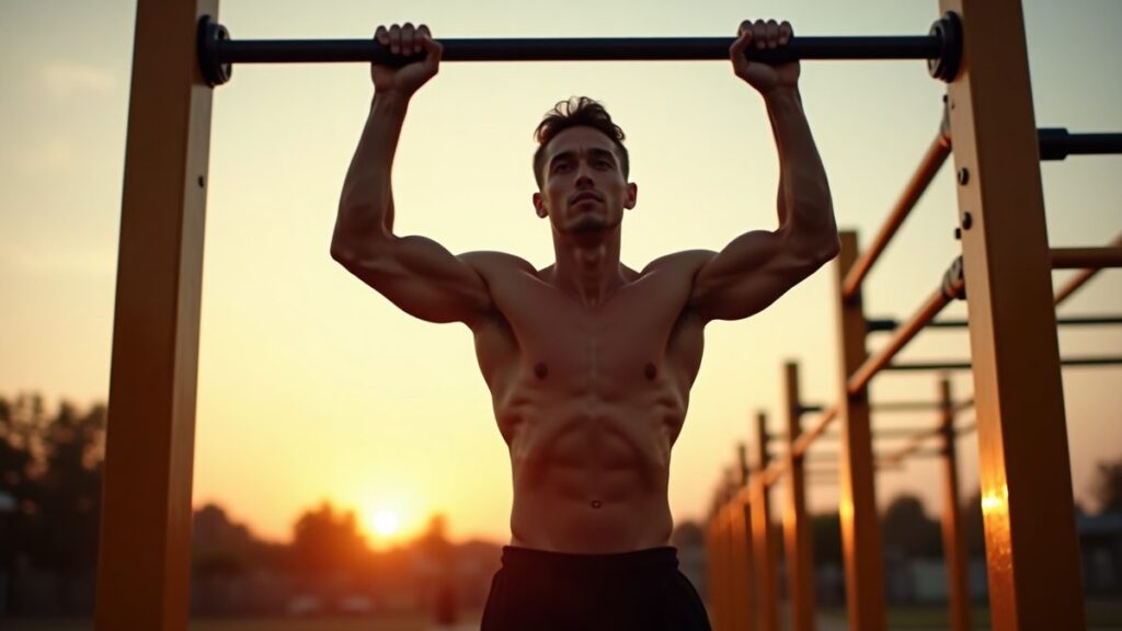 Athlete holding a clean front lever on outdoor pull-up bars at golden hour