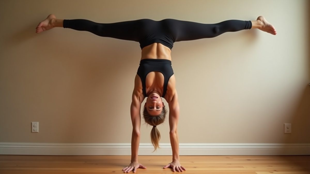 Female athlete holding a wall-supported handstand showing correct hollow body alignment