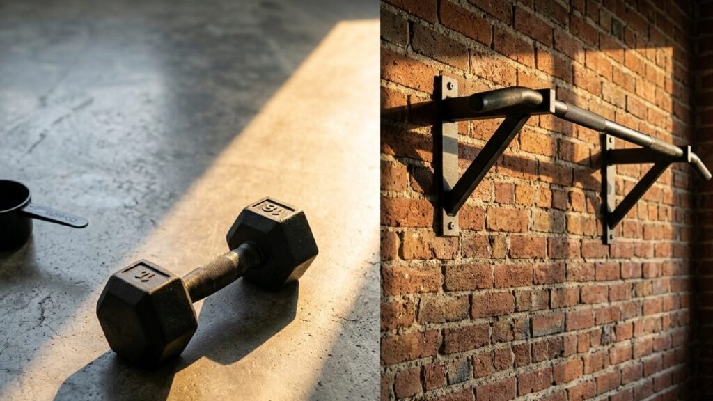 Dumbbell and pull-up bar split-frame — calisthenics versus weights comparison.