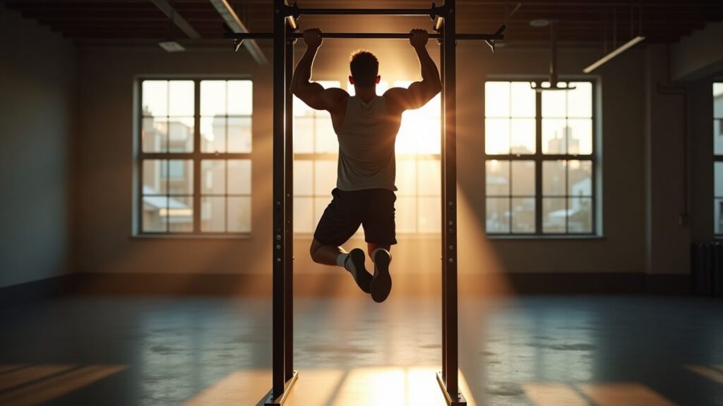 Athlete mid toes-to-bar movement on a steel pull-up rig in a CrossFit box with motion blur and dramatic backlighting