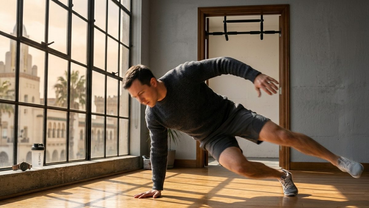 Athlete mid-flow between bodyweight exercises in a sunlit room.