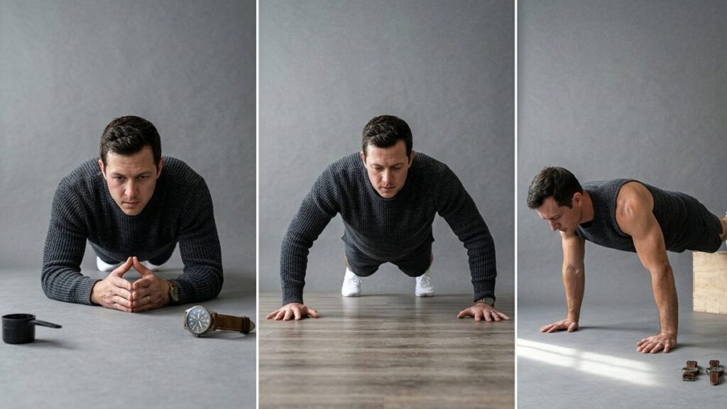 Three push-up variations side by side: diamond, wide, and decline push-ups compared.
