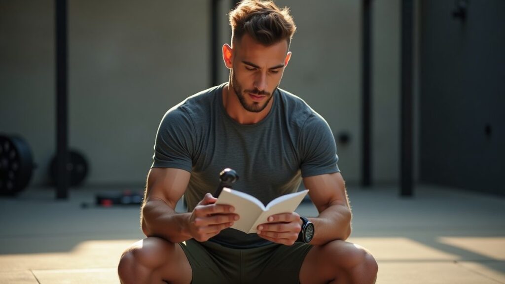 Athlete checking a stopwatch and a workout journal after completing a high-rep bodyweight circuit