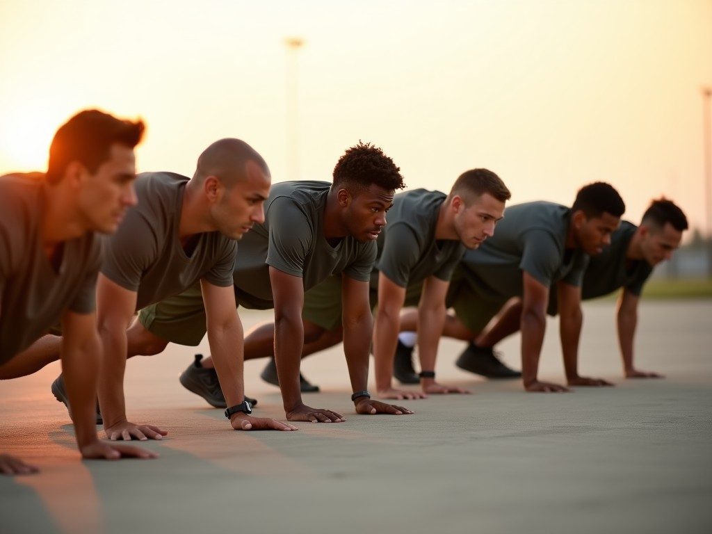 Group of recruits performing synchronized push-ups on a concrete training field at sunrise during basic combat training