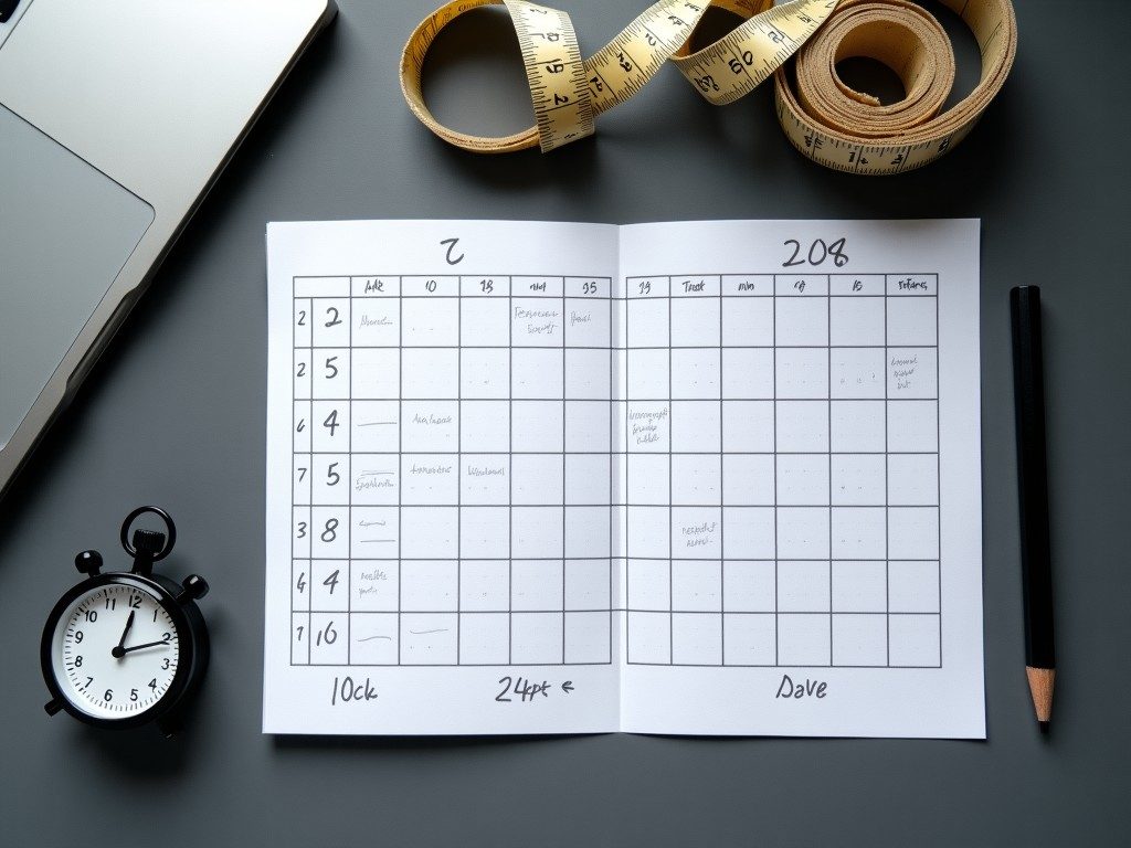 Top-down view of a handwritten progress-tracking sheet next to a stopwatch and tape measure on a charcoal desk