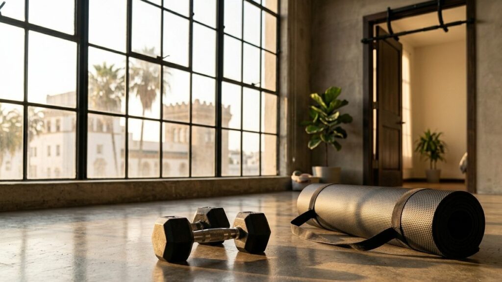 Hex dumbbells and a yoga mat with a doorway pull-up bar — hybrid home gym setup.