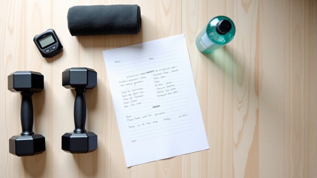 Overhead flat lay of black hex dumbbells, a printed workout sheet, stopwatch, water bottle and a towel on light wood