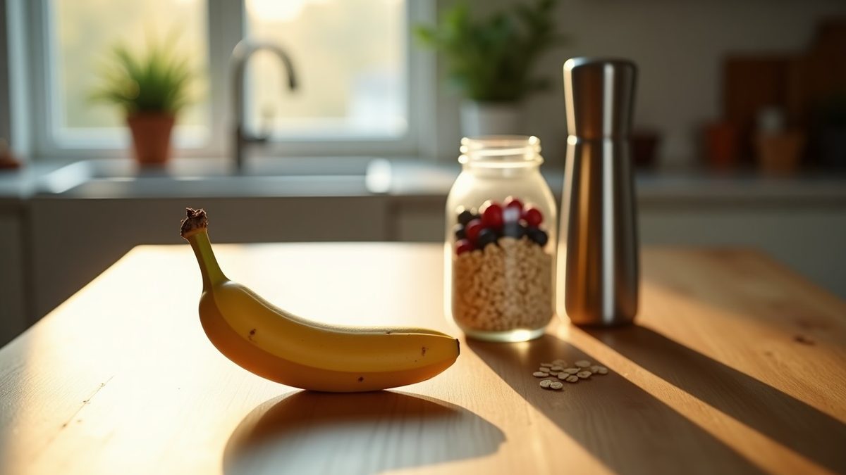 Wooden kitchen table with banana, oats, berries and a stainless shaker bottle in soft morning light