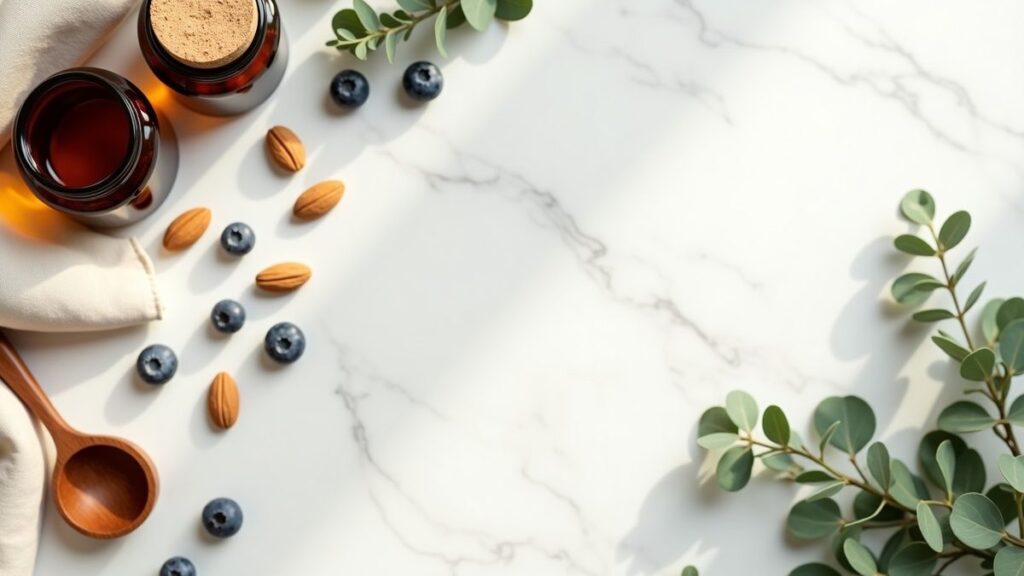 Row of supplement bottles including protein, creatine, vitamin D, omega-3 and magnesium on white marble with greenery