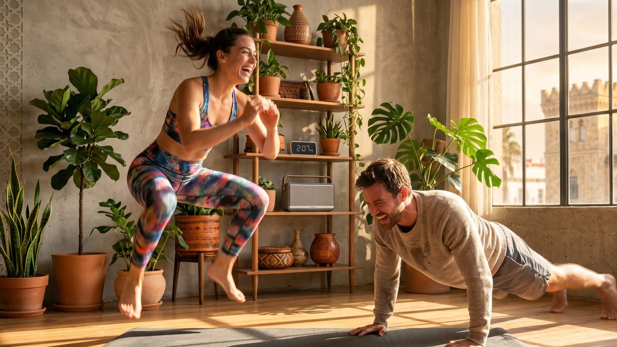 Two friends laughing mid-workout at home — fun bodyweight training.