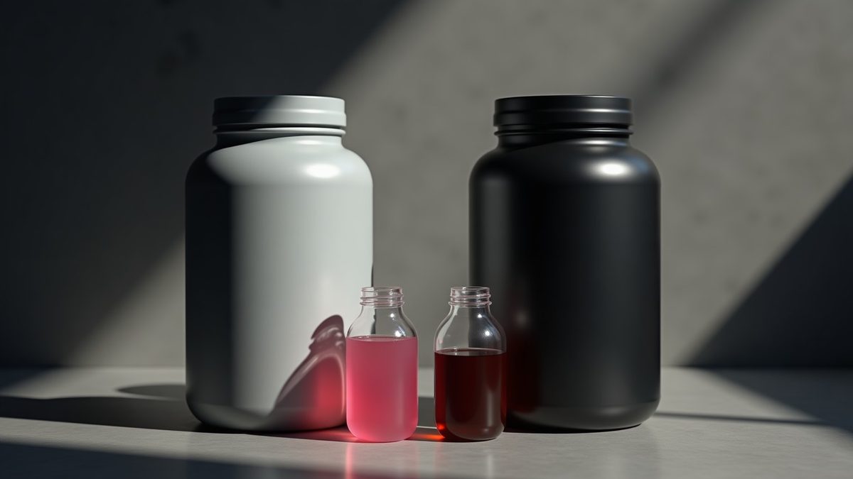 Two unbranded supplement tubs and shakers side by side comparing moderate-stim and high-stim pre-workouts