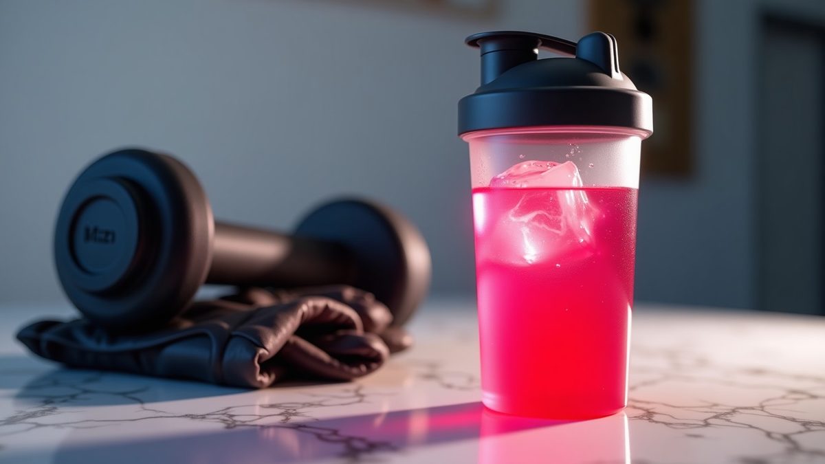 Bright pink-red pre-workout drink with ice in a clear shaker bottle on a marble counter near gym gear