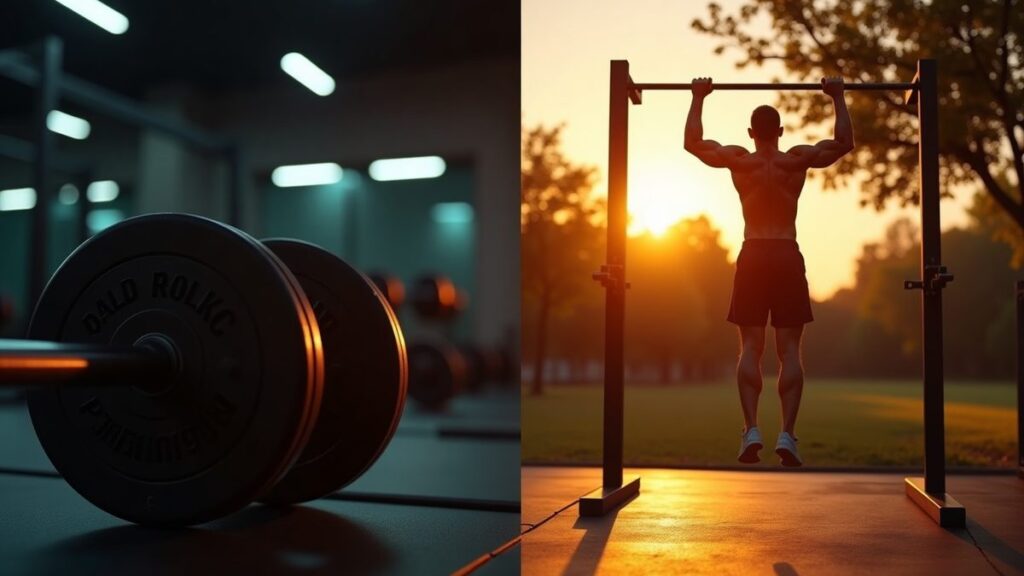 Split-screen of a loaded barbell on a gym rack and an outdoor calisthenics pull-up bar at golden hour