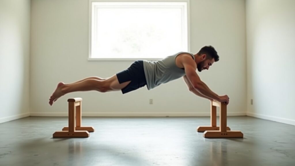 Athlete holding a perfect full planche on parallettes in an empty studio, body parallel to floor