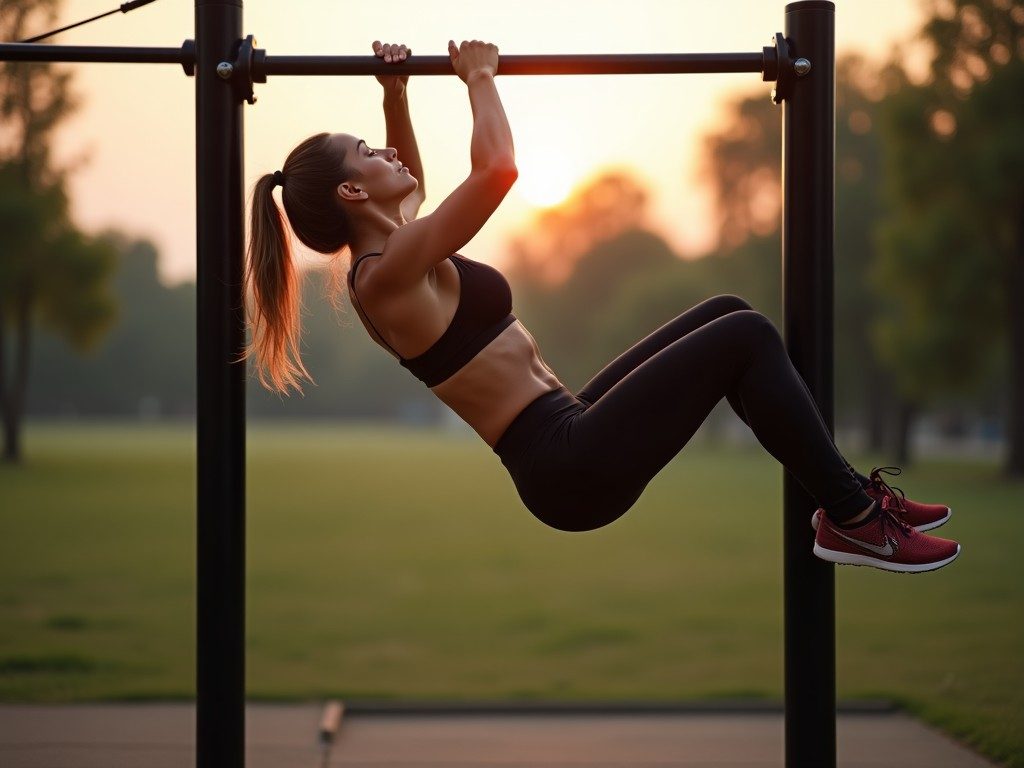 Female athlete holding a clean full front lever on a pull-up bar with body fully horizontal