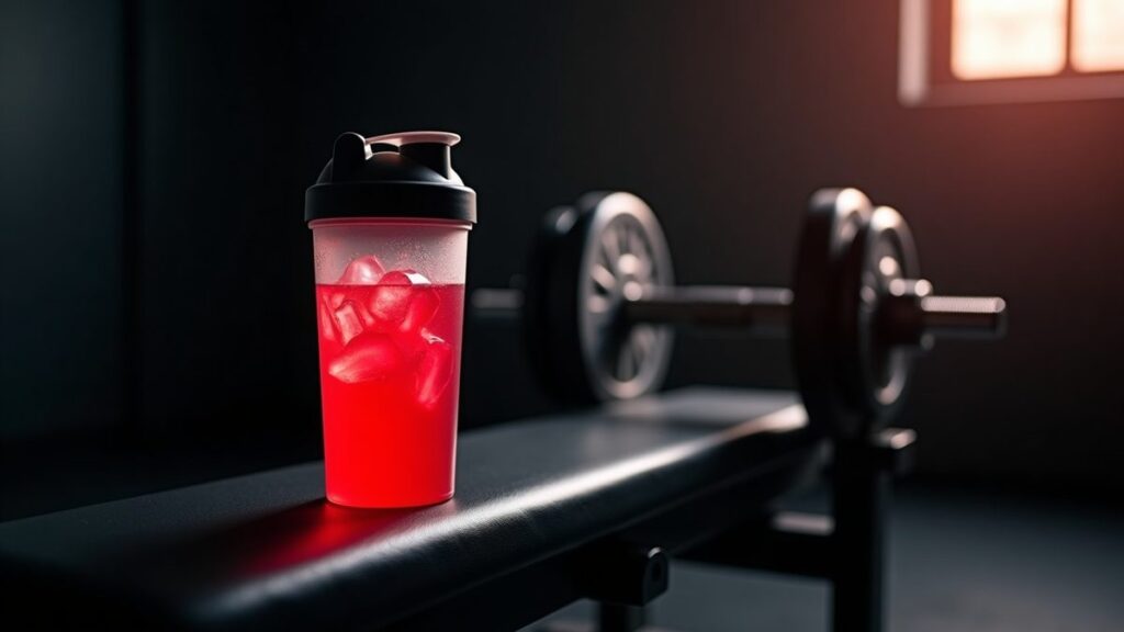 Black shaker bottle filled with bright red high-stimulant pre-workout drink next to dumbbells in moody gym lighting