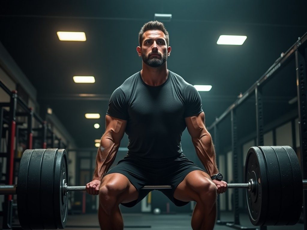 Powerlifter mid heavy barbell back squat in a serious gym setting illustrating max-effort training