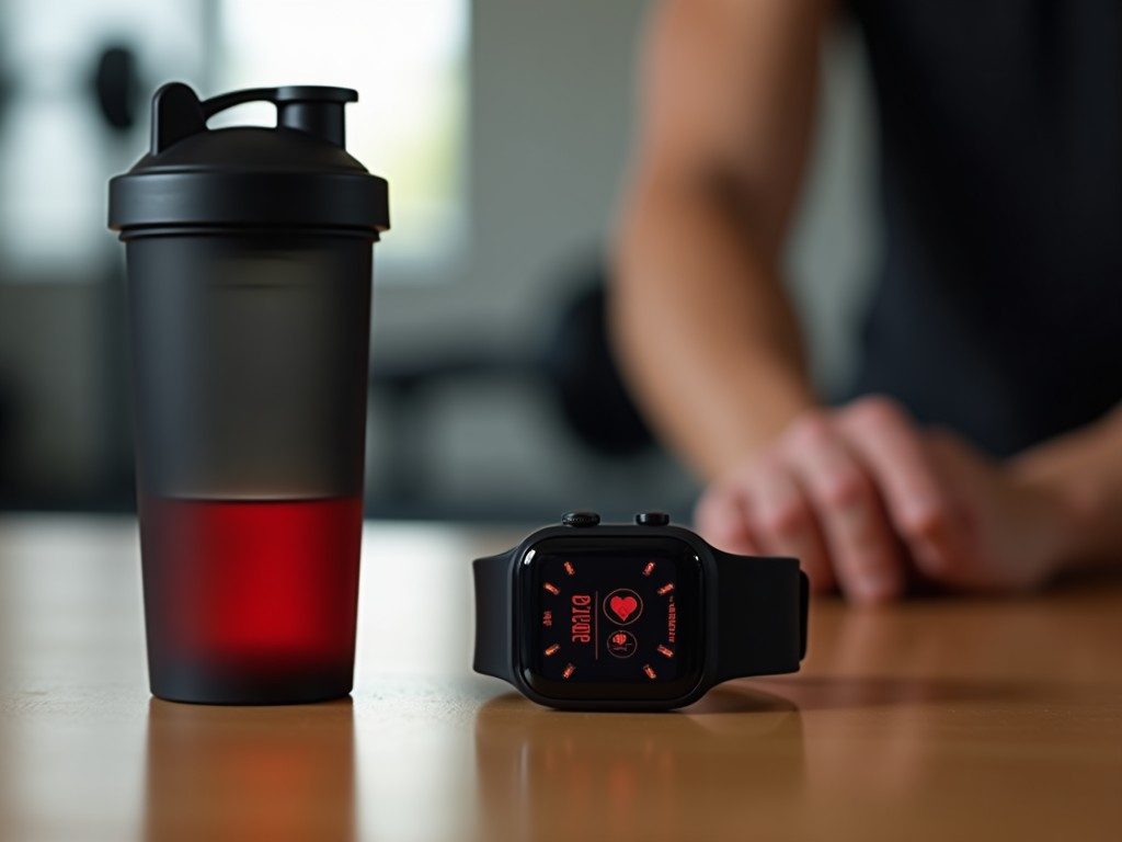 Sport smartwatch showing elevated heart rate next to a half-empty pre-workout shaker on a gym floor