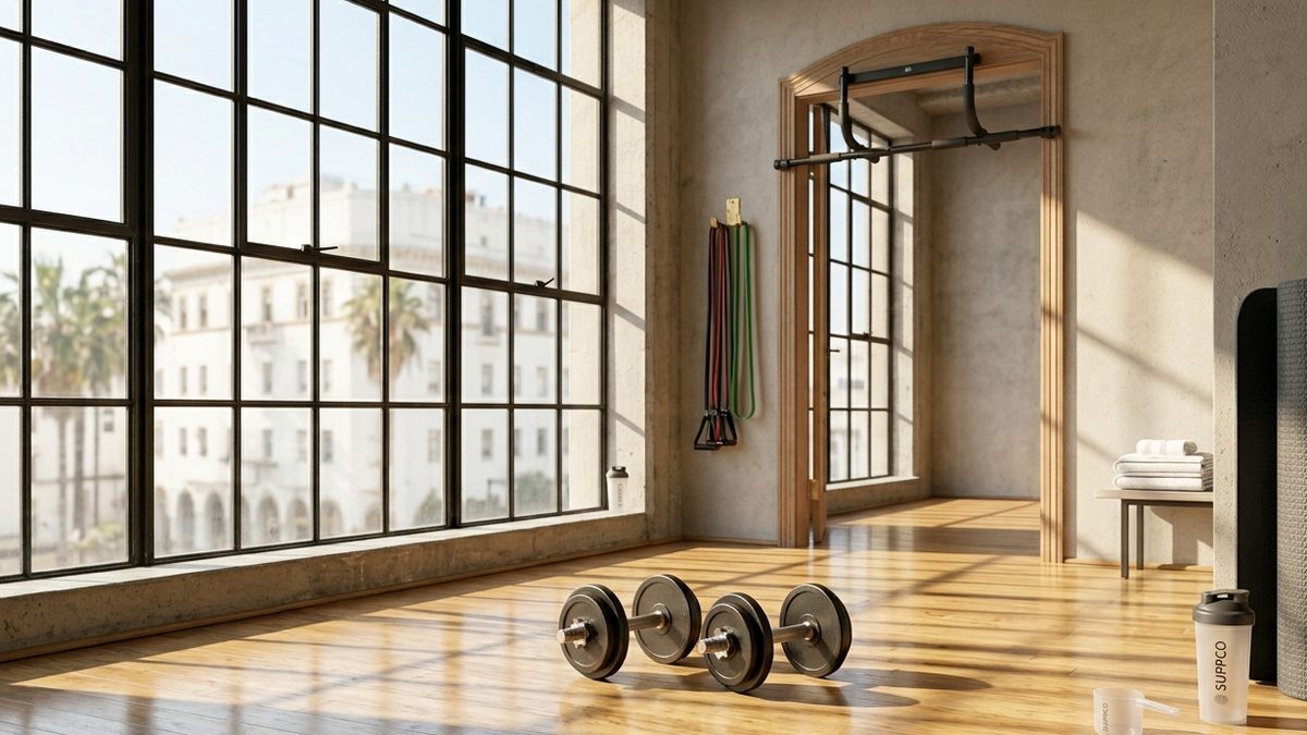 Minimalist home gym with dumbbells, pull-up bar, mat, and resistance bands.