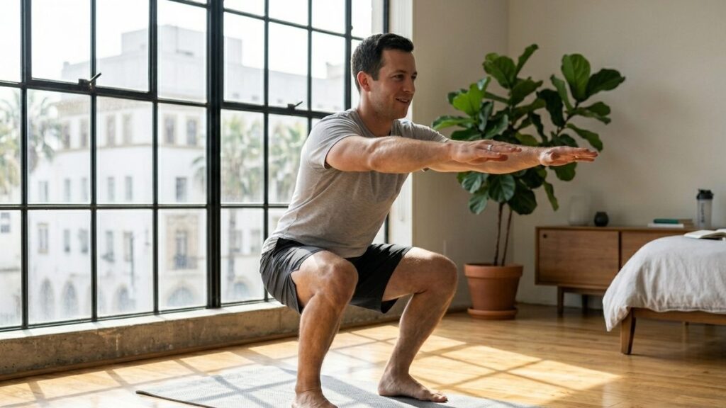 Beginner doing a controlled bodyweight squat in a sunlit bedroom — no equipment.