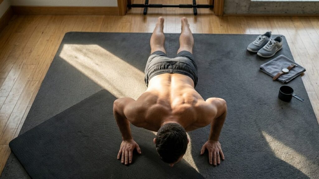 Overhead shot of an athlete in a push-up — push-up benchmarks by age and sex.