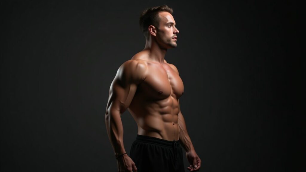 Lean muscular torso side profile in dramatic studio lighting showing abs and oblique definition