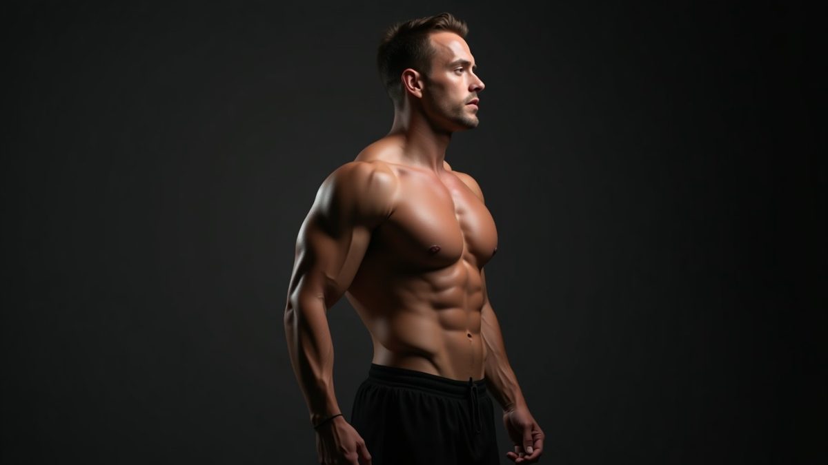Lean muscular torso side profile in dramatic studio lighting showing abs and oblique definition