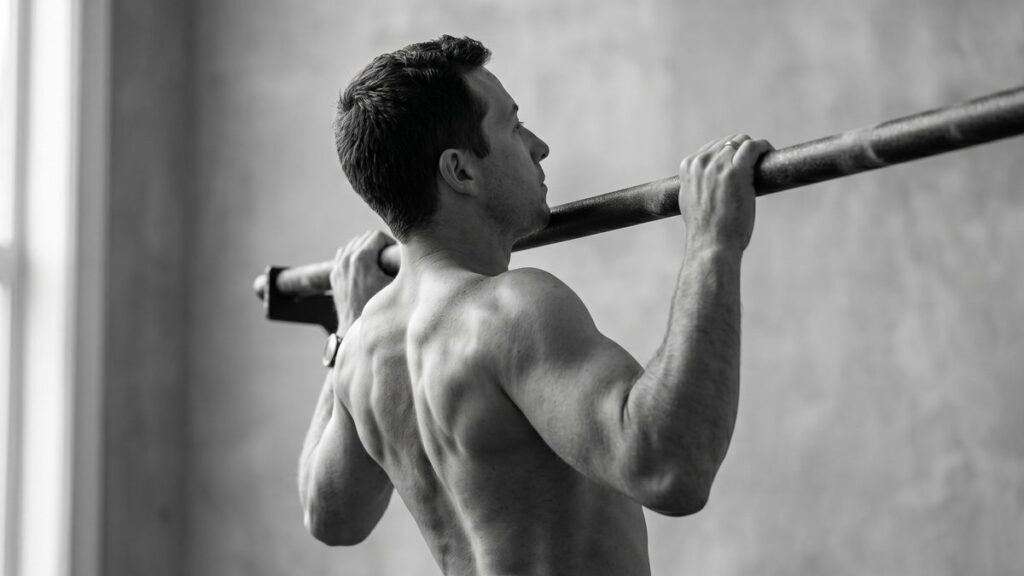 Strict pull-up at the top position with chin clearing the bar — proper form.