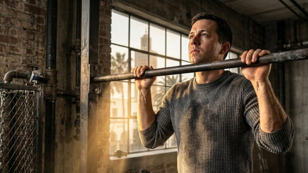Athlete mid pull-up with chin clearing the bar — focused training session.