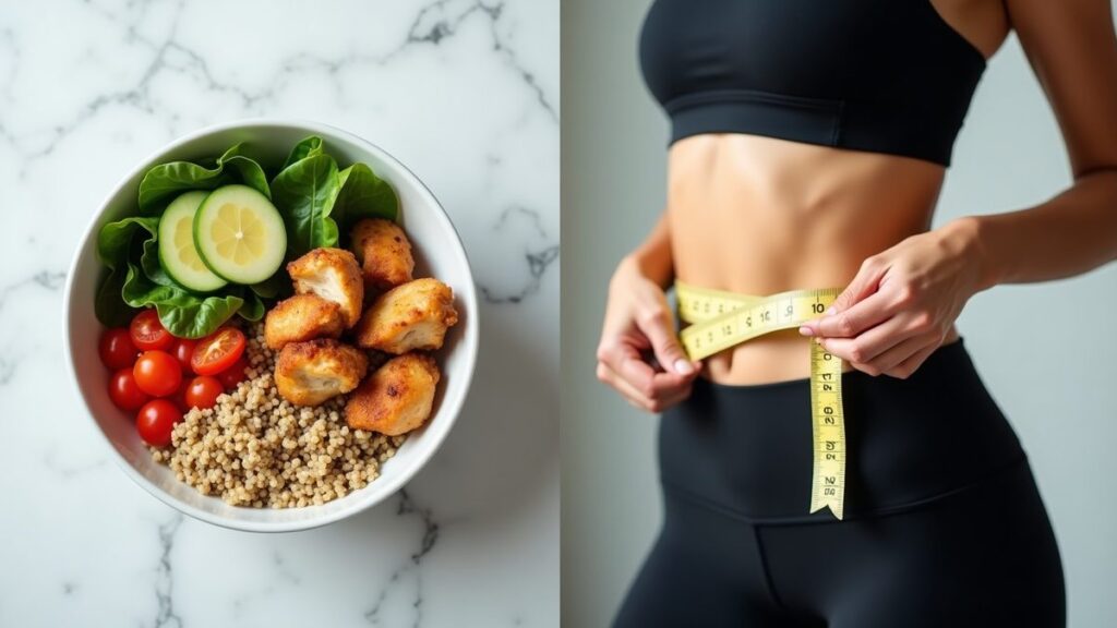 Split editorial composition of a chicken-quinoa bowl on marble and a tape measure around a lean toned waistline