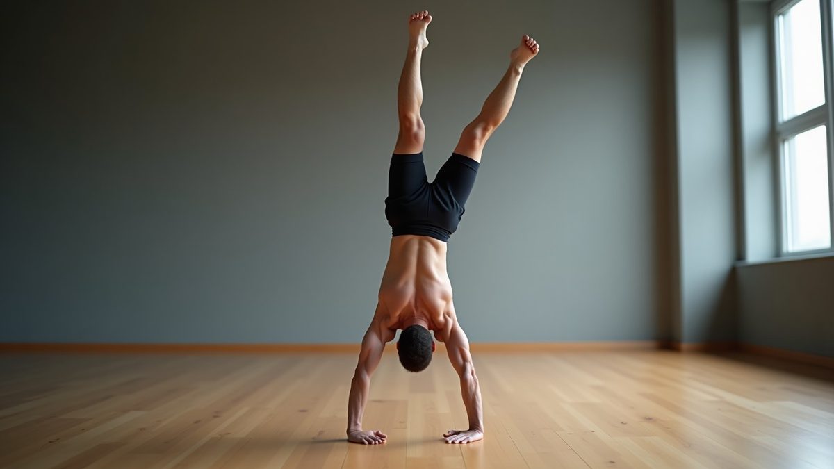 Lean muscular athlete holding a perfect freestanding handstand on a wooden gym floor with dramatic side lighting