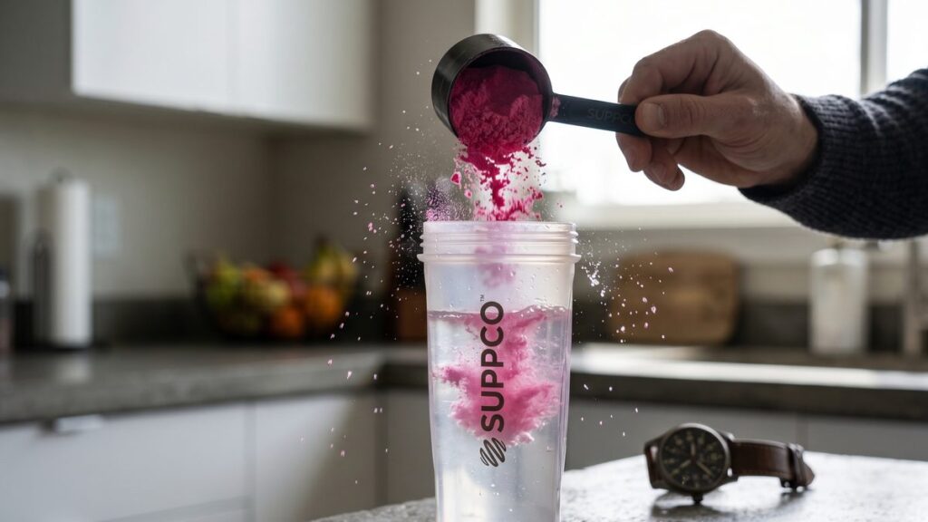 Pre-workout powder being poured from scoop into a shaker bottle of water.