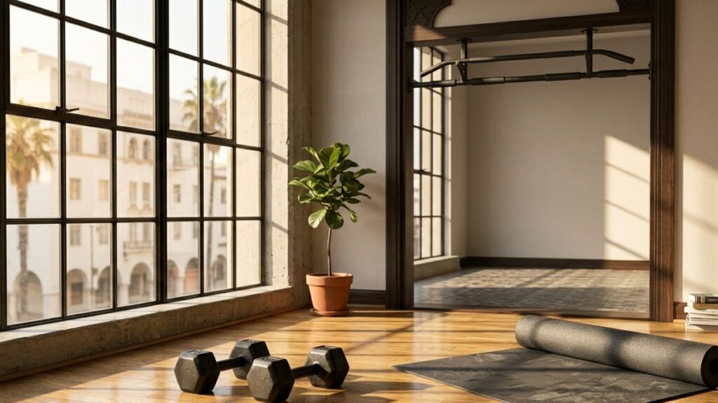 Home gym corner with dumbbells, pull-up bar, and yoga mat — hybrid training setup.
