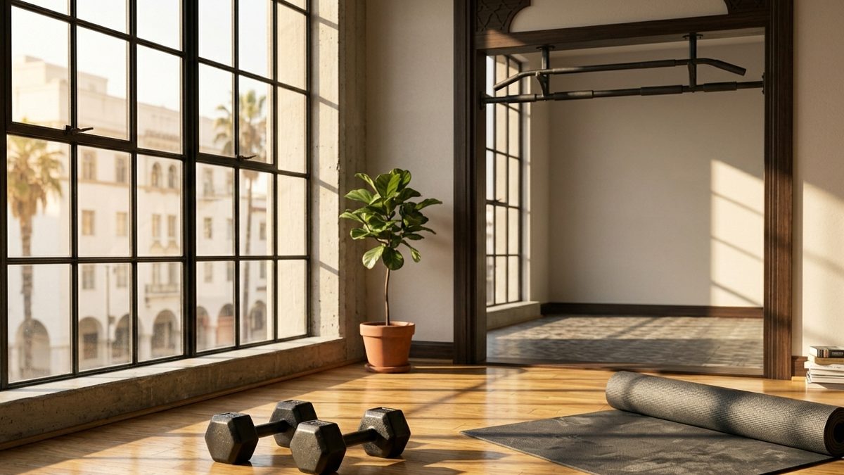 Home gym corner with dumbbells, pull-up bar, and yoga mat — hybrid training setup.