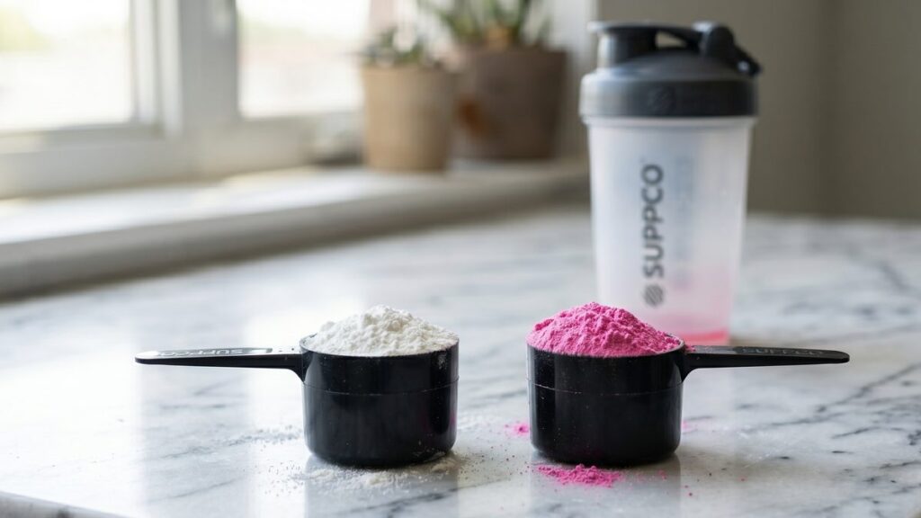 Creatine and pre-workout powder scoops side by side, comparing both supplements.
