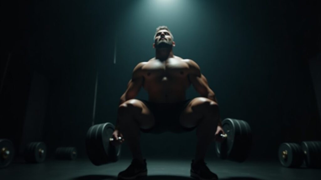 Athletic figure mid-goblet squat holding a heavy dumbbell at chest with quad and calf muscles tensed under spotlight