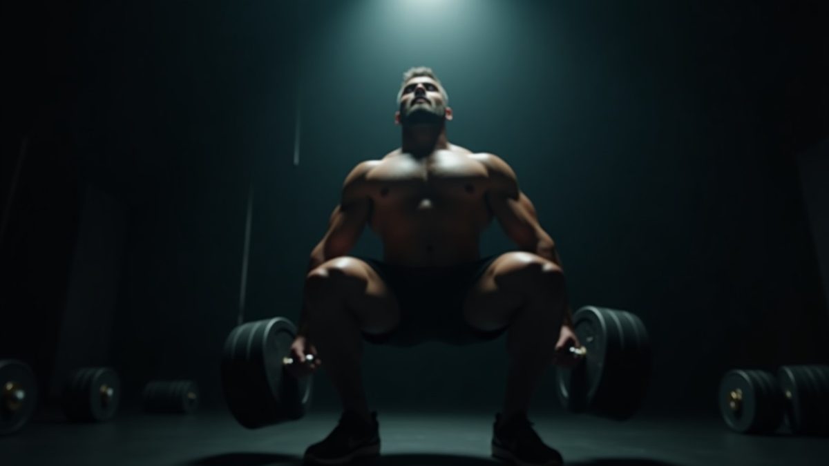 Athletic figure mid-goblet squat holding a heavy dumbbell at chest with quad and calf muscles tensed under spotlight
