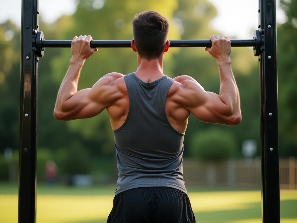 Athlete mid strict pull-up on a black steel bar with chin clearing the bar in a clean dead-hang form