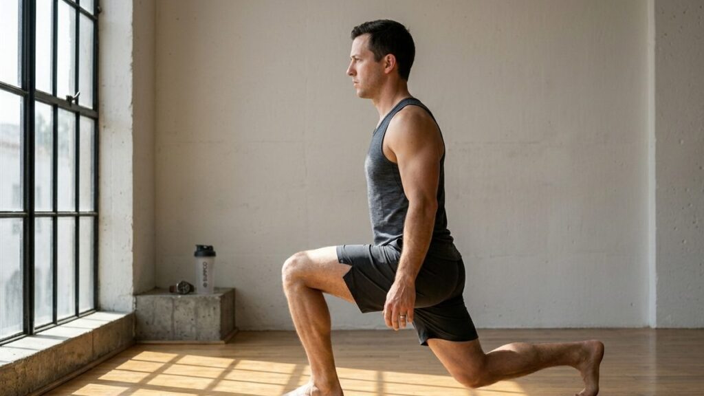 Athlete in a deep walking lunge — bodyweight lower body training.