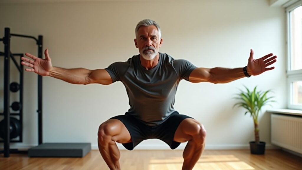 Athletic man in his mid-50s performing a controlled bodyweight squat in a clean home gym