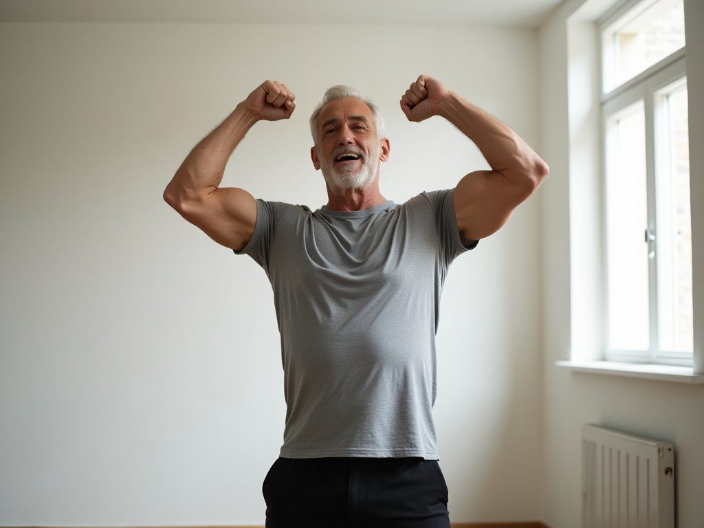 Older man performing slow shoulder mobility arm circles during the 10-minute over-50 warm-up routine