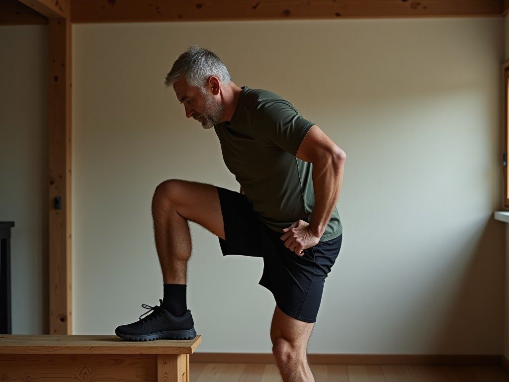 Older man performing a controlled step-up onto a sturdy wooden bench as the joint-friendly substitute for burpees