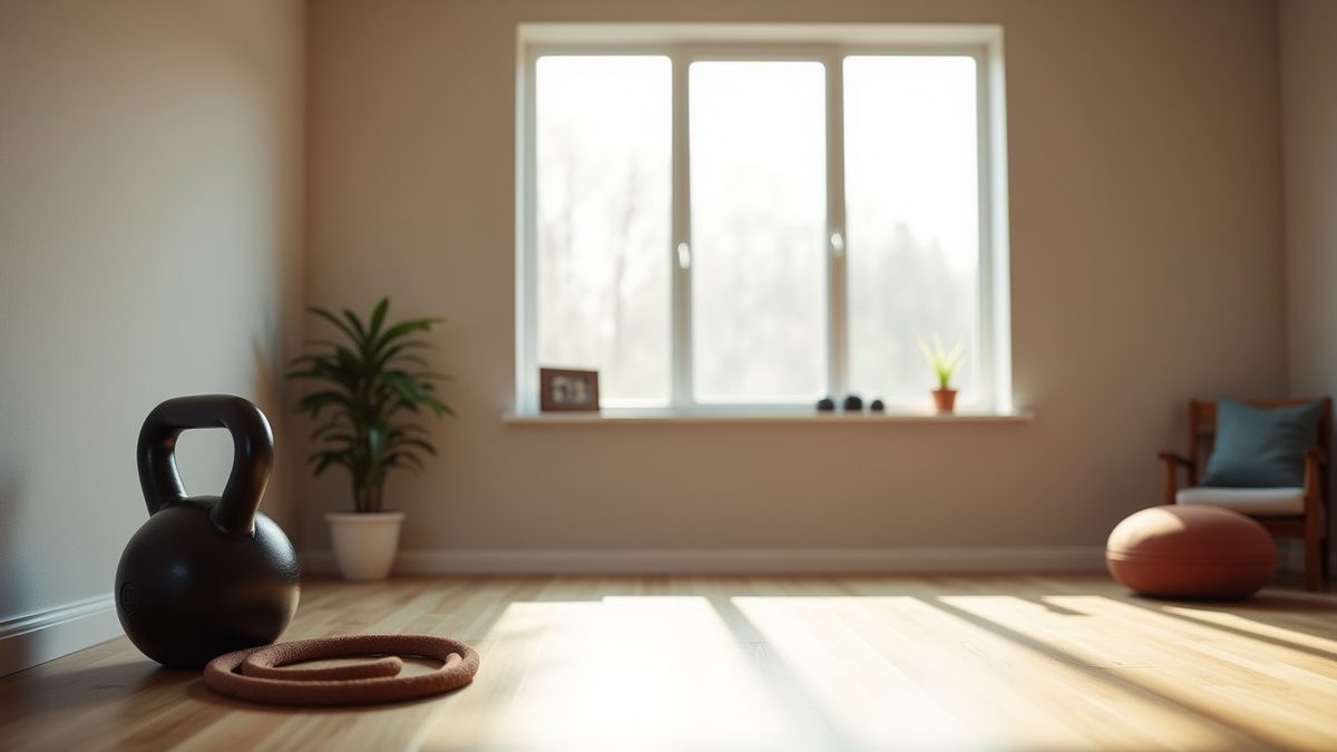 Minimalist living room with sandbag, kettlebell and jump rope set up as a home tactical training space