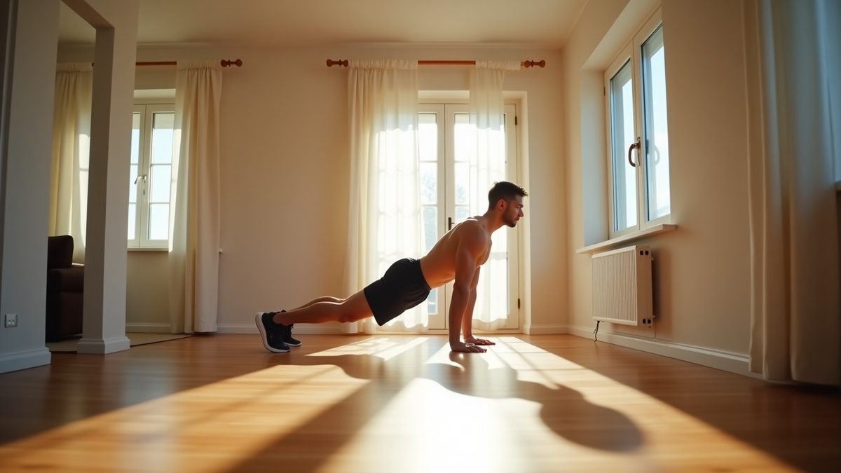 Man performing a burpee during a military-style at-home workout in a sunlit living room