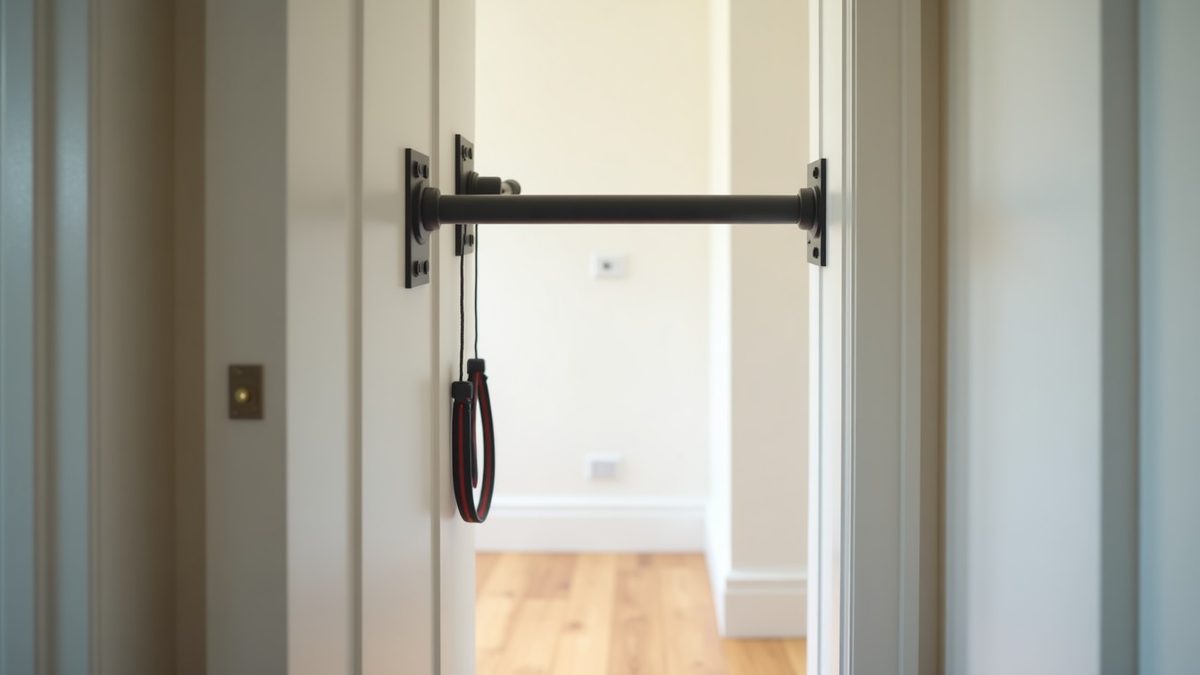 Doorway pull-up bar installed in a residential doorframe with a resistance band hanging from it